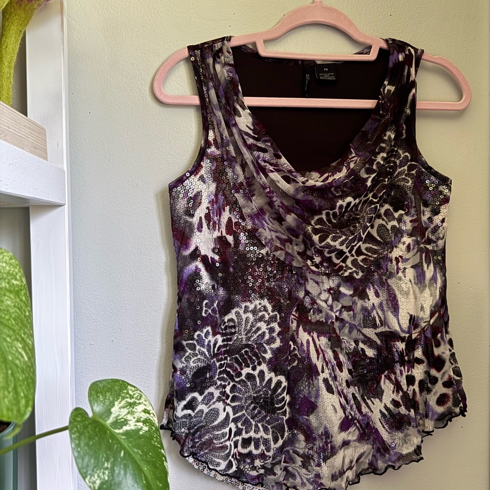 New Directions Brown and Black Asymmetrical Floral Tank Top